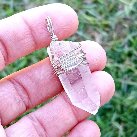 Clear Quartz Crystal Point Pendant, Wire Wrapped, Gemstone Boho 2" - Picture 4 of 5